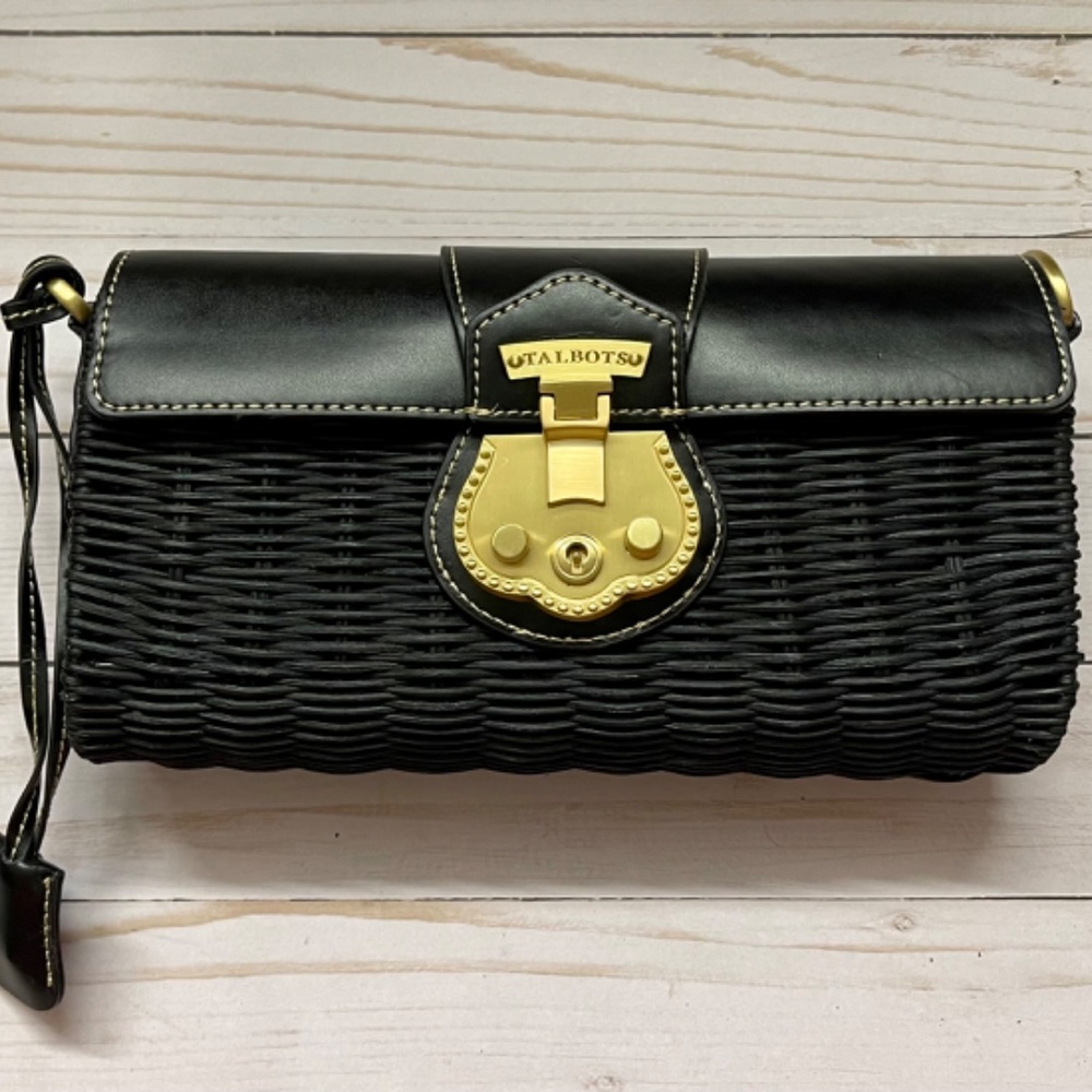 TALBOTS Black Leather and Rattan Purse/Clutches